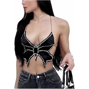 Women Glitter Rhinestone Butterfly Crop Top Sexy V-Neck Backless Rave Halter Tank Vest Bustier Sequin Clubwear Party Tie Bra