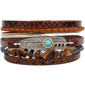 Long tiantian Bracelets for Women Trendy Turquoise Jewelry for Women Multi Strand Bracelet Womens Leather Wrap Cuff Bracelets Feather Braided Bracelets Gifts for Women