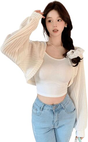 GORGLITTER Women's Open Front Bolero Shrug Cropped Cardigan Sweaters Cute Long Sleeve Knit Tops in Saudi Arabia