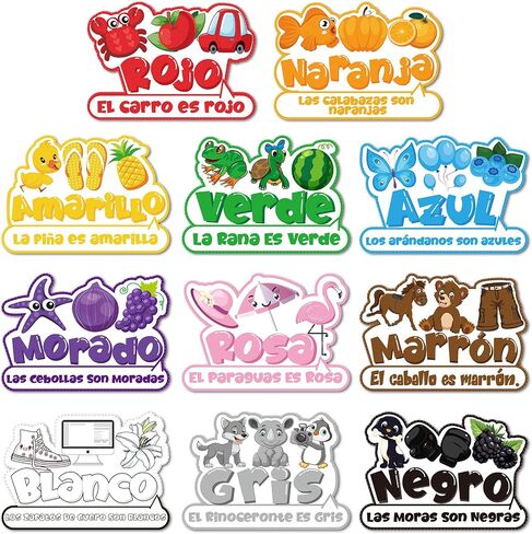 Outus 11 Pcs Color Poster for Preschool Classroom Bulletin Board Set 16.5x11.5in Fruit Animal Vegetable Words Learning Color Cutouts with 100 Pcs Glue Point for Toddler Kid Classroom (English Style) in Saudi Arabia