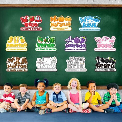 Outus 11 Pcs Color Poster for Preschool Classroom Bulletin Board Set 16.5x11.5in Fruit Animal Vegetable Words Learning Color Cutouts with 100 Pcs Glue Point for Toddler Kid Classroom (English Style) in Saudi Arabia