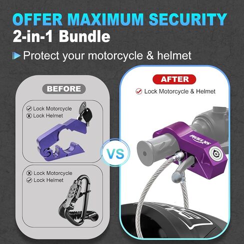 Motorcycle Locks, Motorcycle Brake Lock & Helmet Lock Anti-Theft Grip Lock Combo for All Motorcycle Bike ATV Scooter with Handlebar Diameters Within 1.3-1.5 Inches (Purple) in Saudi Arabia