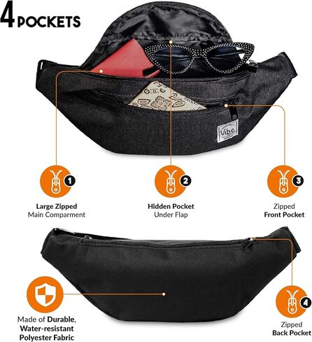 Vibe Festival Gear Fanny Pack للرجال والنساء - العديد من المطبوعات - حقيبة خصر لطيفة باللون الأسود والفضي والذهبي للمهرجانات والمشي لمسافات طويلة والجري وركوب الدراجات in Kuwait