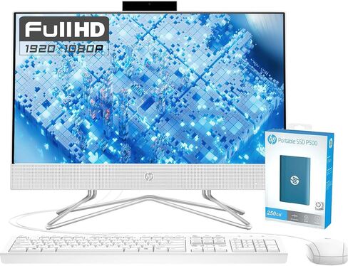 HP All-in-One Desktop Computer, 21.5" 1080P FHD Display, 32GB RAM, 1TB SSD, Intel Duel Core Celeron Processor, Webcam, WiFi, HDMI, Wired Keyboard&Mouse, P500 Portable SSD, Windows 11 in Saudi Arabia