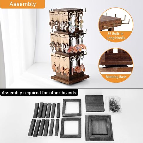 برج مجوهرات دوار خشبي أنيق من Ikee Design - 36 خطافًا للأقراط والأساور والمزيد - رف متعدد الاستخدامات للمتجر والمعارض التجارية والمنزل، لون أسود in Kuwait