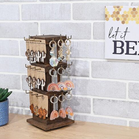 برج مجوهرات دوار خشبي أنيق من Ikee Design - 36 خطافًا للأقراط والأساور والمزيد - رف متعدد الاستخدامات للمتجر والمعارض التجارية والمنزل، لون أسود in Kuwait