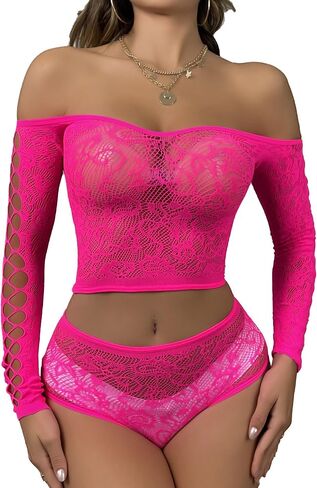 Womens Lingerie Set Two Piece Babydoll Fishnet Cutout Sets Sexy Nightwear in Kuwait