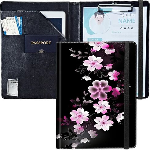 PU Leather Padfolio Clipboard Notepad with Pen Loop and Elastic Strap Interview/Resume Document Organizer for Business School Office,Pink White Flower in Saudi Arabia