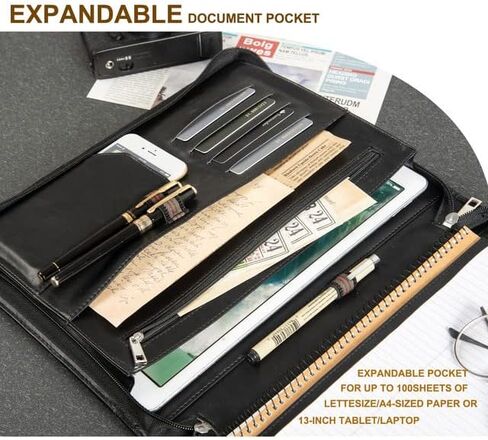 حافظة AZXCG للرجال، حافظة جلدية نباتية بمقبض، منظم حافظة مستندات مقاس A4 للكمبيوتر اللوحي مقاس 13 بوصة، حافظة احترافية لحافظة بحجم A4/Letter، مجلد أعمال، أسود in Kuwait