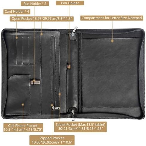حافظة AZXCG للرجال، حافظة جلدية نباتية بمقبض، منظم حافظة مستندات مقاس A4 للكمبيوتر اللوحي مقاس 13 بوصة، حافظة احترافية لحافظة بحجم A4/Letter، مجلد أعمال، أسود in Kuwait