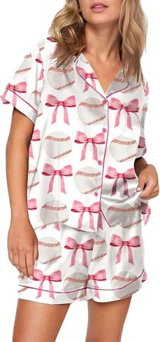 Cute Bow Pajamas for Women Y2k Silk 2 Piece Printed Preppy Pjs Shorts Set Matching Pj Aesthetic Pajamas Shirts Sets in Saudi Arabia