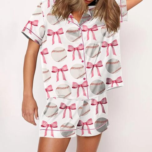Cute Bow Pajamas for Women Y2k Silk 2 Piece Printed Preppy Pjs Shorts Set Matching Pj Aesthetic Pajamas Shirts Sets in Saudi Arabia