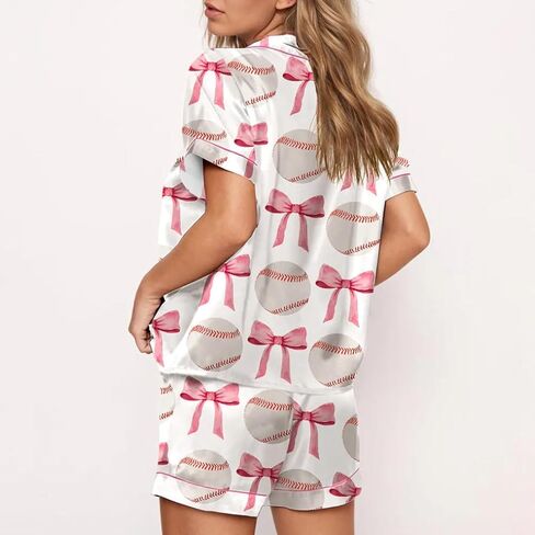 Cute Bow Pajamas for Women Y2k Silk 2 Piece Printed Preppy Pjs Shorts Set Matching Pj Aesthetic Pajamas Shirts Sets in Saudi Arabia