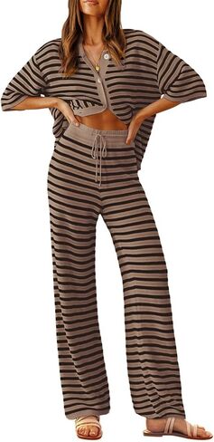 Tankaneo Womens Knit 2 Piece Lounge Sets Striped Short Sleeve Tops and Wide Leg Pants Travel Airport Vacation Outfits in Saudi Arabia