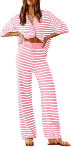Tankaneo Womens Knit 2 Piece Lounge Sets Striped Short Sleeve Tops and Wide Leg Pants Travel Airport Vacation Outfits in Saudi Arabia