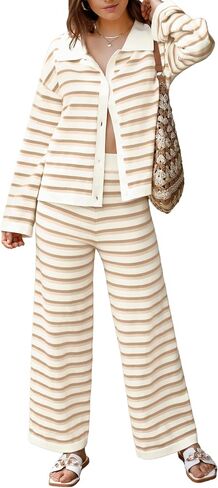 Two Piece Sweater Sets for Women Winter Warm Striped Collared Sweaters and Pants Color Block Button Down Tops S-2XL in Saudi Arabia