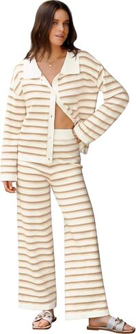 Two Piece Sweater Sets for Women Winter Warm Striped Collared Sweaters and Pants Color Block Button Down Tops S-2XL in Saudi Arabia