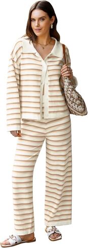 Two Piece Sweater Sets for Women Winter Warm Striped Collared Sweaters and Pants Color Block Button Down Tops S-2XL in Saudi Arabia