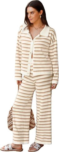 Two Piece Sweater Sets for Women Winter Warm Striped Collared Sweaters and Pants Color Block Button Down Tops S-2XL in Saudi Arabia
