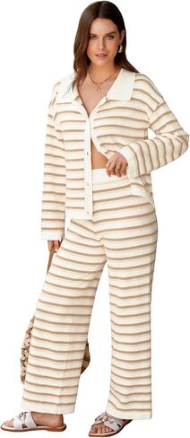 Two Piece Sweater Sets for Women Winter Warm Striped Collared Sweaters and Pants Color Block Button Down Tops S-2XL in Saudi Arabia