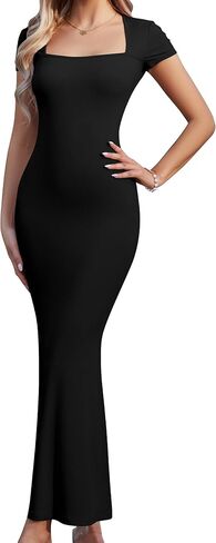 Women's Elegant Square Neck Long Dress Ribbed Bodycon Maxi Formal Dresses for Wedding Guest Evening Party in Saudi Arabia