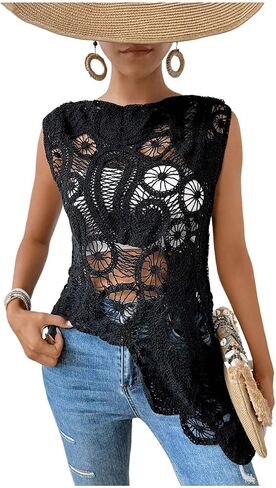 GORGLITTER Women's Crochet Asymmetrical Hem Tank Top Crewneck Sleeveless Hollow Out Boho Knit Top in Saudi Arabia