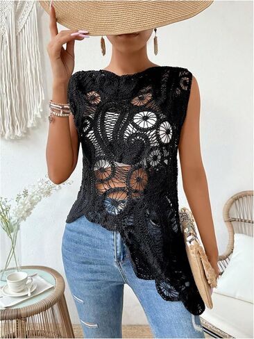 GORGLITTER Women's Crochet Asymmetrical Hem Tank Top Crewneck Sleeveless Hollow Out Boho Knit Top in Saudi Arabia