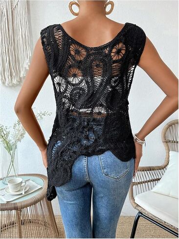 GORGLITTER Women's Crochet Asymmetrical Hem Tank Top Crewneck Sleeveless Hollow Out Boho Knit Top in Saudi Arabia