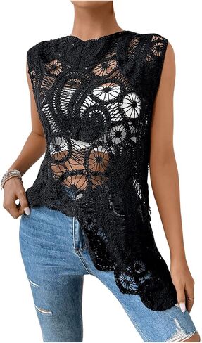 GORGLITTER Women's Crochet Asymmetrical Hem Tank Top Crewneck Sleeveless Hollow Out Boho Knit Top in Saudi Arabia