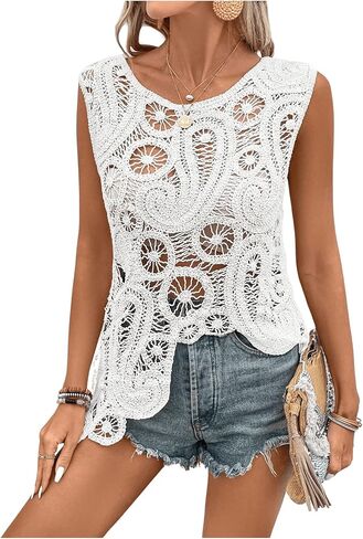 GORGLITTER Women's Crochet Asymmetrical Hem Tank Top Crewneck Sleeveless Hollow Out Boho Knit Top in Saudi Arabia