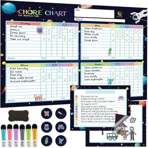HQ MART Magnetic Dry Erase Chore Chart for Multiple Kids - 14.5"x 11" Dry Erase Chore Chart for Kids with 2 Magnetic White Notepads, 6 Dry Erase Markers, 6 Glass Magnetic Badges and 1 Magnetic Duster in Saudi Arabia