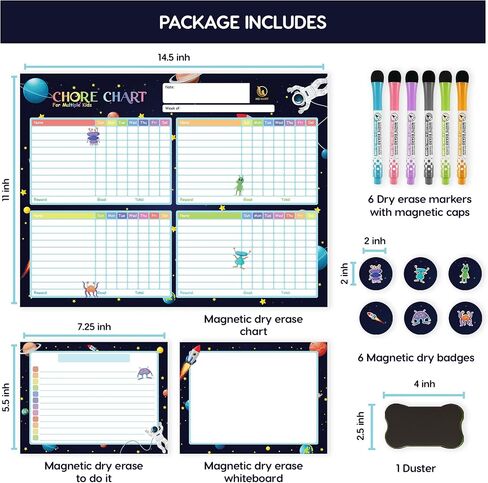 HQ MART Magnetic Dry Erase Chore Chart for Multiple Kids - 14.5"x 11" Dry Erase Chore Chart for Kids with 2 Magnetic White Notepads, 6 Dry Erase Markers, 6 Glass Magnetic Badges and 1 Magnetic Duster in Saudi Arabia