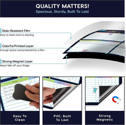 HQ MART Magnetic Dry Erase Chore Chart for Multiple Kids - 14.5"x 11" Dry Erase Chore Chart for Kids with 2 Magnetic White Notepads, 6 Dry Erase Markers, 6 Glass Magnetic Badges and 1 Magnetic Duster in Saudi Arabia
