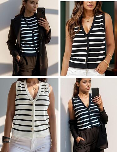 Chevara Women's Sleeveless Striped Sweater Vest Casual V Neck Vest Tops Summer Outfits in Saudi Arabia