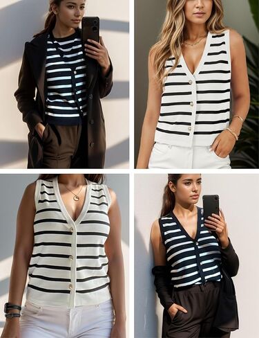 Chevara Women's Sleeveless Striped Sweater Vest Casual V Neck Vest Tops Summer Outfits in Saudi Arabia