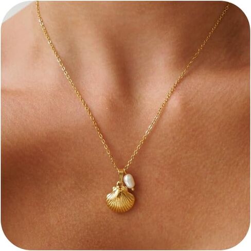 Gold Charm Necklace for Women,14k Gold Plated Waterproof Shell Pendant Necklace Summer Starfish Pearl Choker Necklaces for Women Trendy Paperclip Beach Seashell Sun Charm Necklace Jewelry in Saudi Arabia