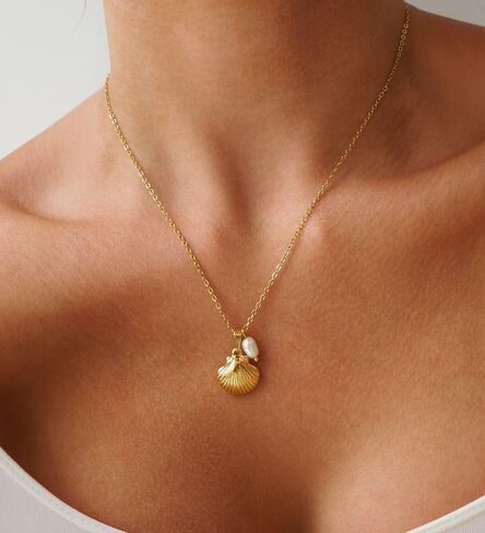 Gold Charm Necklace for Women,14k Gold Plated Waterproof Shell Pendant Necklace Summer Starfish Pearl Choker Necklaces for Women Trendy Paperclip Beach Seashell Sun Charm Necklace Jewelry in Saudi Arabia
