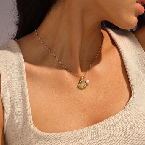Gold Charm Necklace for Women,14k Gold Plated Waterproof Shell Pendant Necklace Summer Starfish Pearl Choker Necklaces for Women Trendy Paperclip Beach Seashell Sun Charm Necklace Jewelry in Saudi Arabia