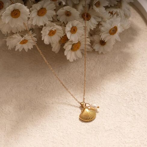 Gold Charm Necklace for Women,14k Gold Plated Waterproof Shell Pendant Necklace Summer Starfish Pearl Choker Necklaces for Women Trendy Paperclip Beach Seashell Sun Charm Necklace Jewelry in Saudi Arabia
