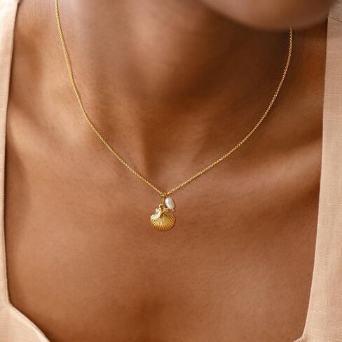 Gold Charm Necklace for Women,14k Gold Plated Waterproof Shell Pendant Necklace Summer Starfish Pearl Choker Necklaces for Women Trendy Paperclip Beach Seashell Sun Charm Necklace Jewelry in Saudi Arabia
