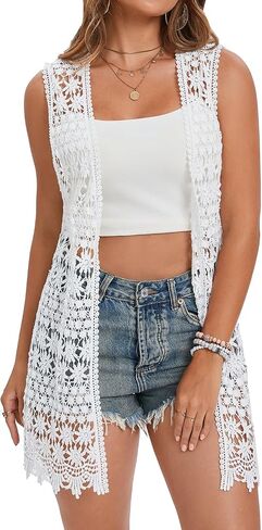 GLEAMISS Women's Crochet Floral Vest Lace Trim Boho Sleeveless Cardigan in Saudi Arabia