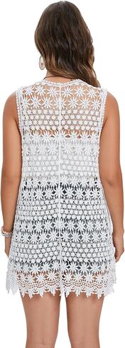 GLEAMISS Women's Crochet Floral Vest Lace Trim Boho Sleeveless Cardigan in Saudi Arabia