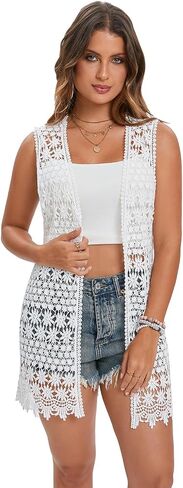 GLEAMISS Women's Crochet Floral Vest Lace Trim Boho Sleeveless Cardigan in Saudi Arabia