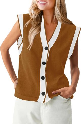 Saodimallsu Womens V Neck Sweater Vest Button Down Cap Sleeve Summer Trendy Color Block Loose Knit Tank Tops in Saudi Arabia