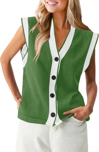 Saodimallsu Womens V Neck Sweater Vest Button Down Cap Sleeve Summer Trendy Color Block Loose Knit Tank Tops in Saudi Arabia