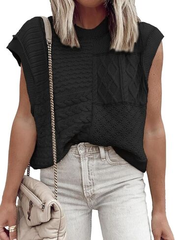 EVALESS Womens Cap Sleeve Sweater Vest Crewneck Loose Fit Knit Lightweight Crochet Knit Pullover Tops in Saudi Arabia