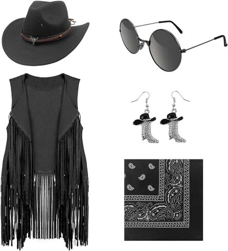 Cowgirl Outfits for Women Western Costume Accessories Cowboy Hat Tassels Fringe Vest Earring Hippie Glasses Bandana in Kuwait
