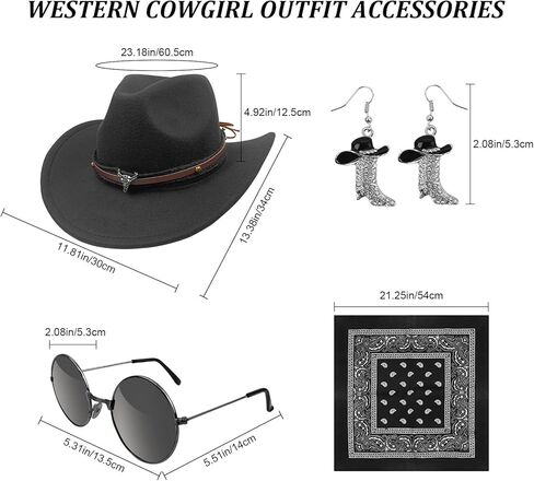 Cowgirl Outfits for Women Western Costume Accessories Cowboy Hat Tassels Fringe Vest Earring Hippie Glasses Bandana in Kuwait