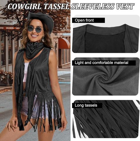 Cowgirl Outfits for Women Western Costume Accessories Cowboy Hat Tassels Fringe Vest Earring Hippie Glasses Bandana in Kuwait
