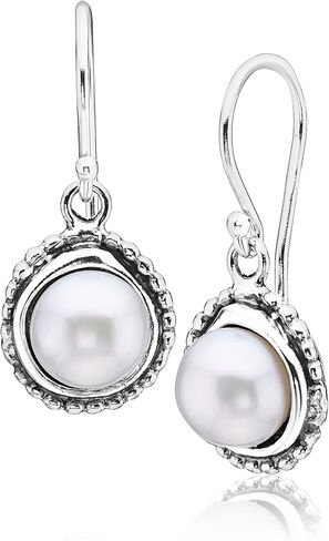 أقراط متدلية من الفضة الإسترليني عيار 925 مع لؤلؤ أبيض من المياه العذبة، إطار ملفوف بالأسلاك وحافة مطرزة، لمسة نهائية عتيقة، لا تسبب الحساسية، خالية من النيكل والرصاص، حلق خلفي من الأسلاك الفرنسية in Kuwait